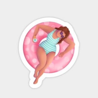 Girl In Swimming Pool Illustration, pink polka dot floaty Sticker